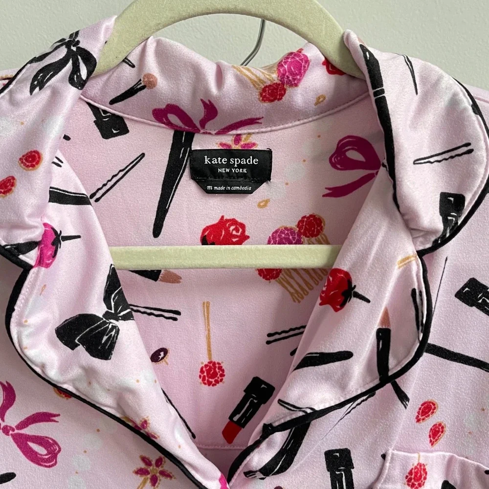 Kate Spade Pajama Set Womens Medium Pink Beauty Print Bows Lipstick Long Sleeve